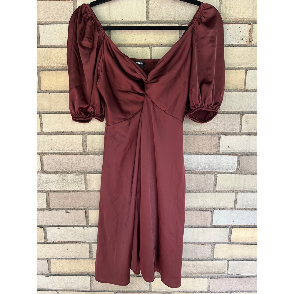 Express Brown Satin Twist Front Puff Sleeve Smocked Mini Dress XS